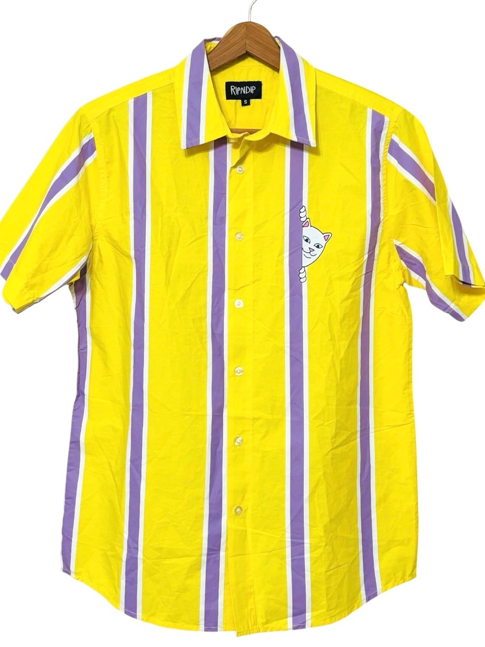 RIPNDIP Lord Nermal Button Up Shirt Mens Small Yellow Purple Stripes